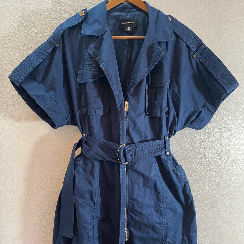 Karen Millen Navy Blue 100% Organic Cotton Utility Dress Size 8/M.